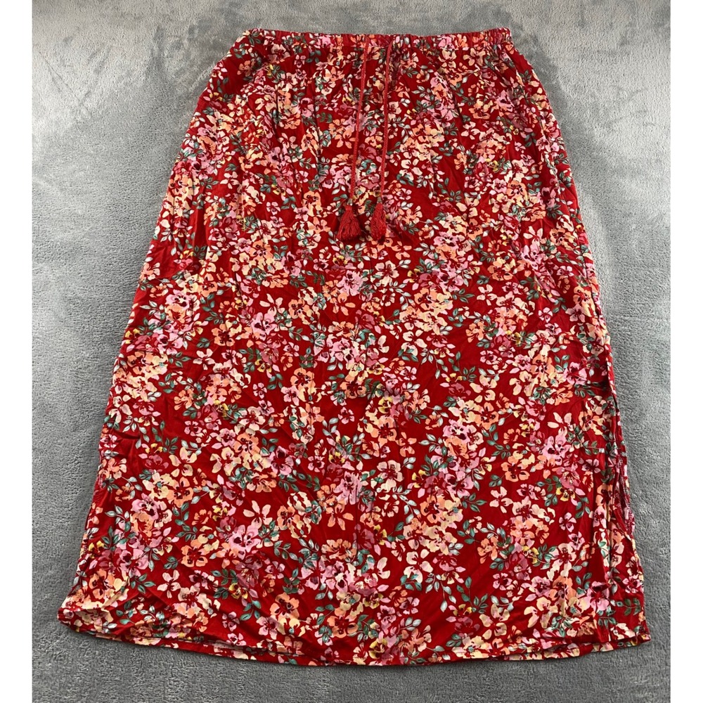 Chances R Red Floral Maxi Skirt Plus Size 2X Elastic Waist Tassel Drawstring
